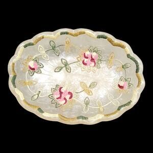 Vintage Style Floral Resin Pedestal Bowl Embroidered Lace Inlay Shabby Chic Dish